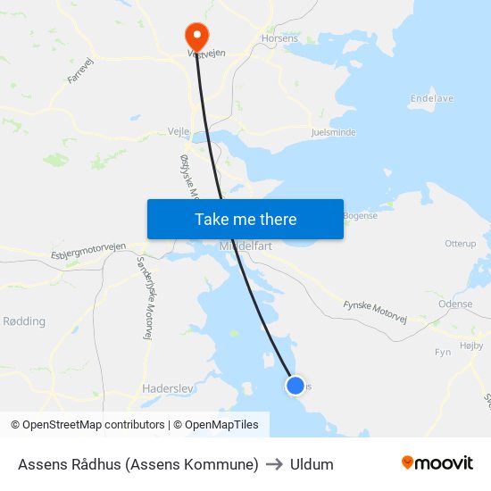 Assens Rådhus (Assens Kommune) to Uldum map