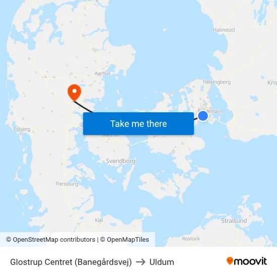 Glostrup Centret (Banegårdsvej) to Uldum map