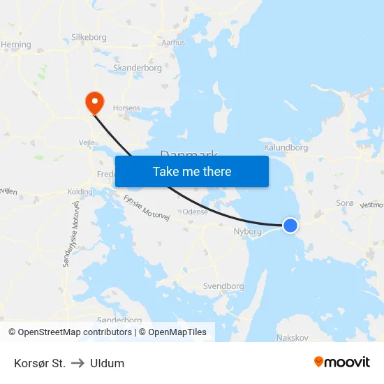 Korsør St. to Uldum map