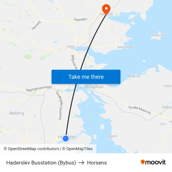 Haderslev Busstation (Bybus) to Horsens map