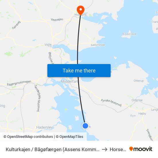 Kulturkajen / Bågøfærgen (Assens Kommune) to Horsens map