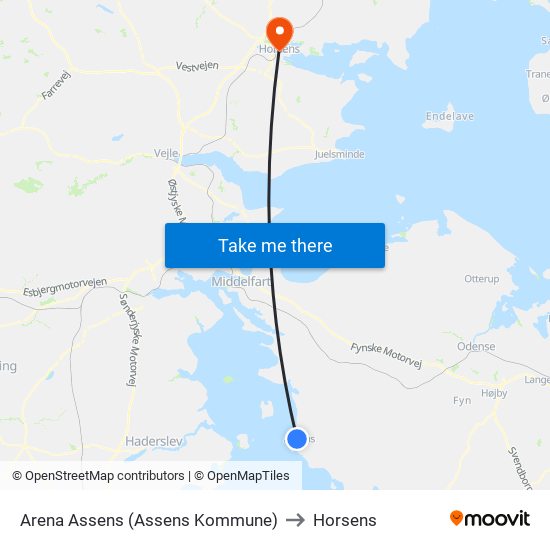 Arena Assens (Assens Kommune) to Horsens map