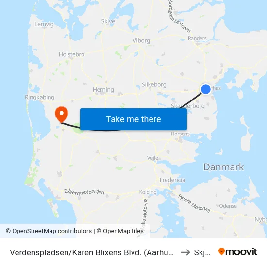 Verdenspladsen/Karen Blixens Blvd. (Aarhus Kom) to Skjern map