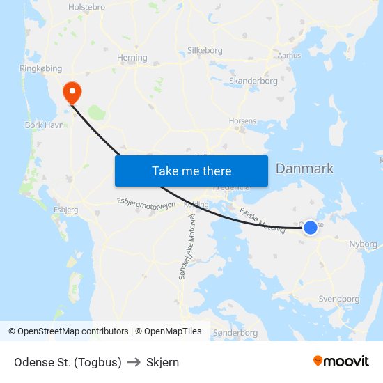 Odense St. (Togbus) to Skjern map