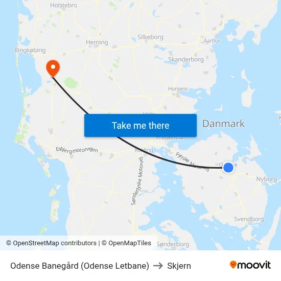 Odense Banegård (Odense Letbane) to Skjern map
