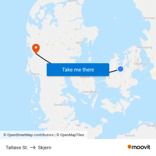 Tølløse St. to Skjern map