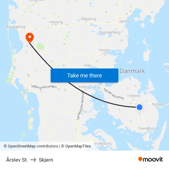 Årslev St. to Skjern map