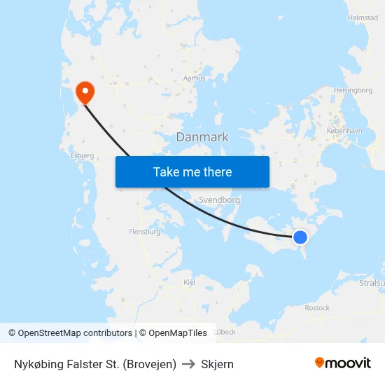 Nykøbing Falster St. (Brovejen) to Skjern map