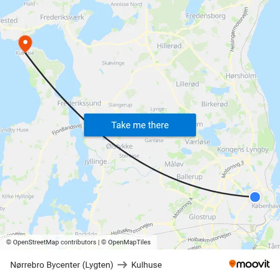 Nørrebro Bycenter (Lygten) to Kulhuse map