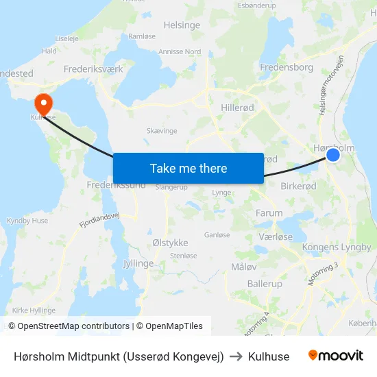 Hørsholm Midtpunkt (Usserød Kongevej) to Kulhuse map