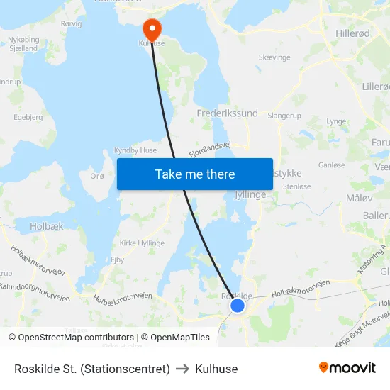 Roskilde St. (Stationscentret) to Kulhuse map