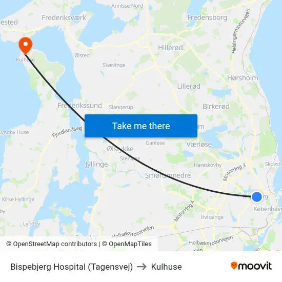 Bispebjerg Hospital (Tagensvej) to Kulhuse map