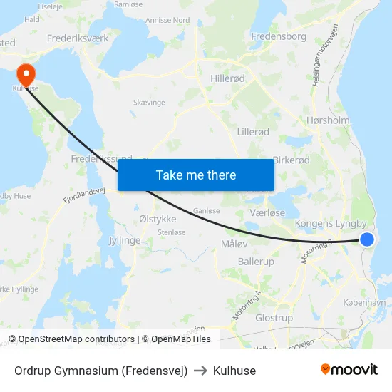 Ordrup Gymnasium (Fredensvej) to Kulhuse map