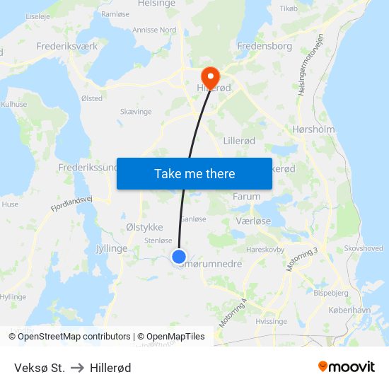 Veksø St. to Hillerød map
