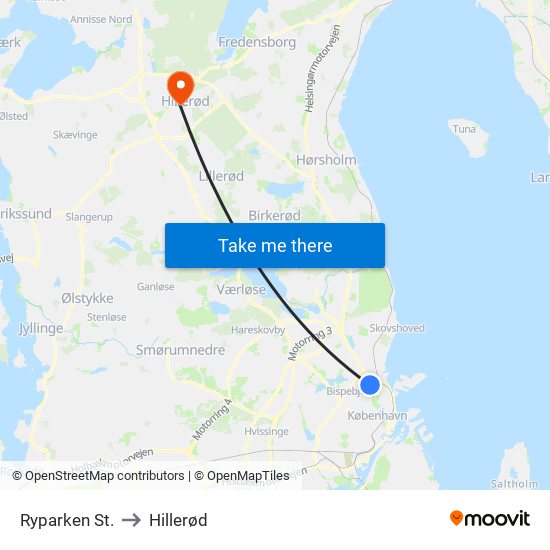 Ryparken St. to Hillerød map