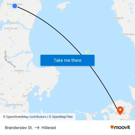 Brønderslev St. to Hillerød map