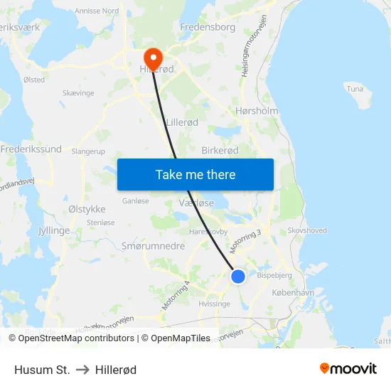 Husum St. to Hillerød map