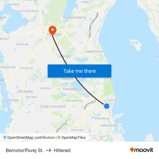 Bernstorffsvej St. to Hillerød map