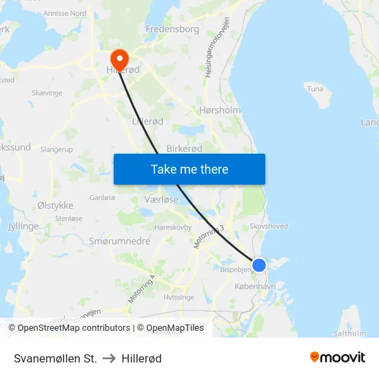Svanemøllen St. to Hillerød map