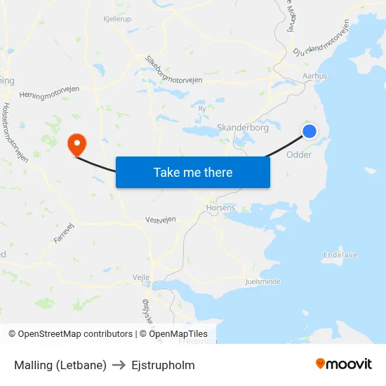 Malling (Letbane) to Ejstrupholm map
