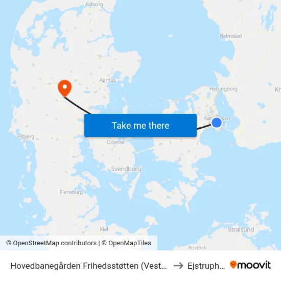 Hovedbanegården Frihedsstøtten (Vesterbrogade) to Ejstrupholm map
