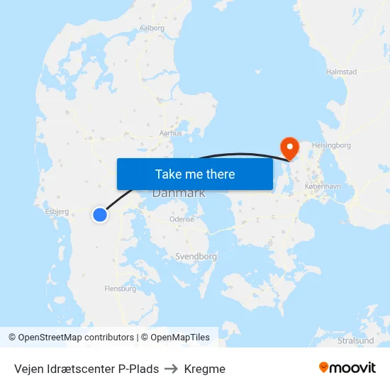Vejen Idrætscenter P-Plads to Kregme map