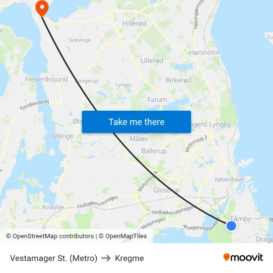 Vestamager St. (Metro) to Kregme map