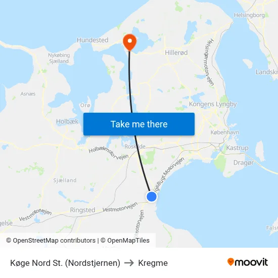Køge Nord St. (Nordstjernen) to Kregme map