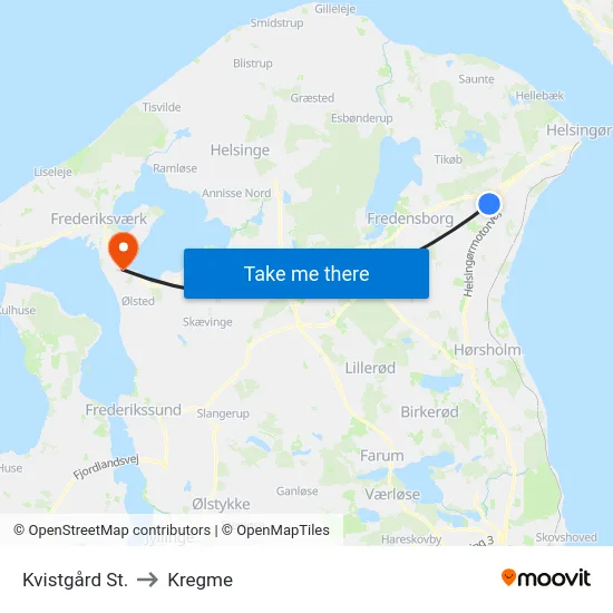 Kvistgård St. to Kregme map