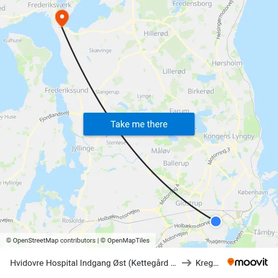 Hvidovre Hospital Indgang Øst (Kettegård Allé) to Kregme map