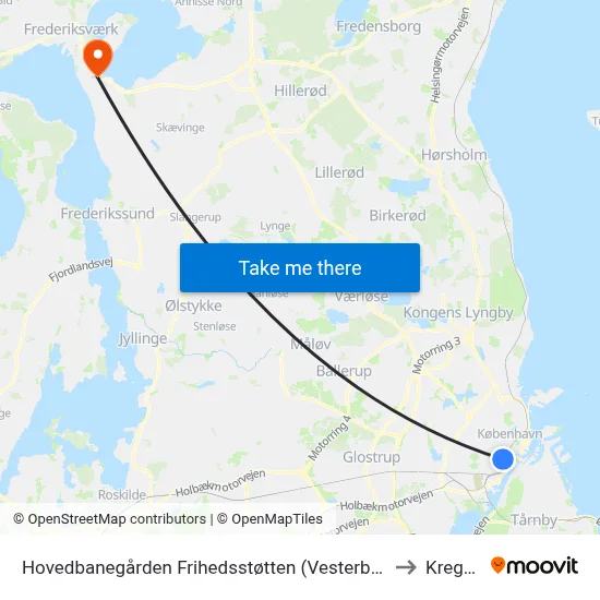 Hovedbanegården Frihedsstøtten (Vesterbrogade) to Kregme map