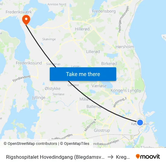 Rigshospitalet Hovedindgang (Blegdamsvej) to Kregme map