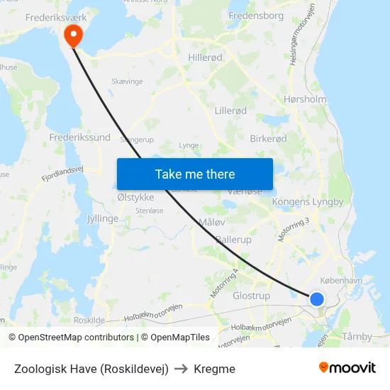 Zoologisk Have (Roskildevej) to Kregme map