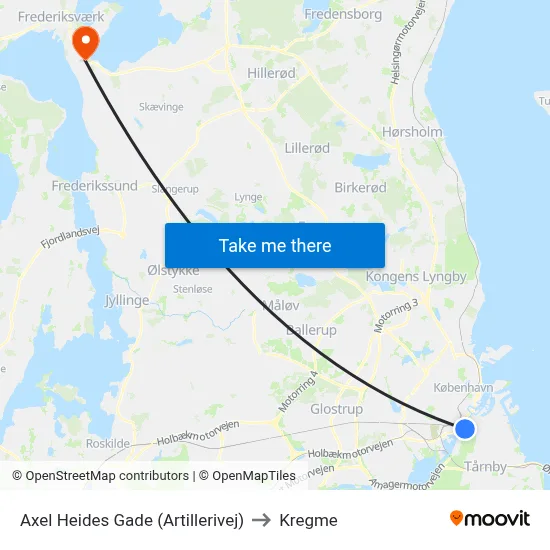 Axel Heides Gade (Artillerivej) to Kregme map