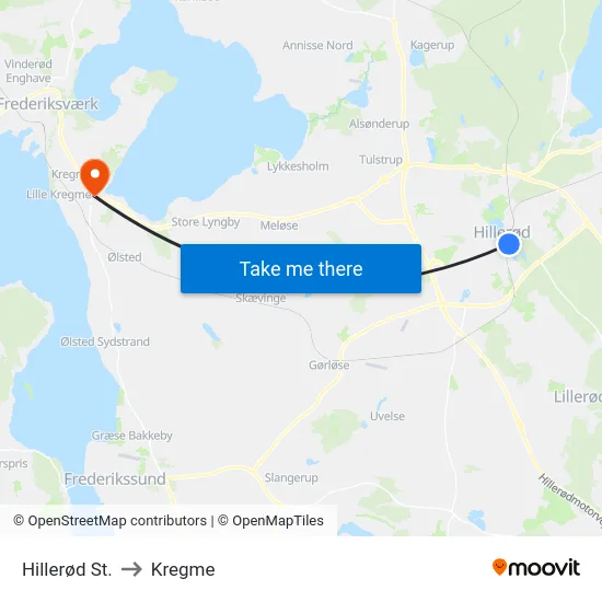 Hillerød St. to Kregme map