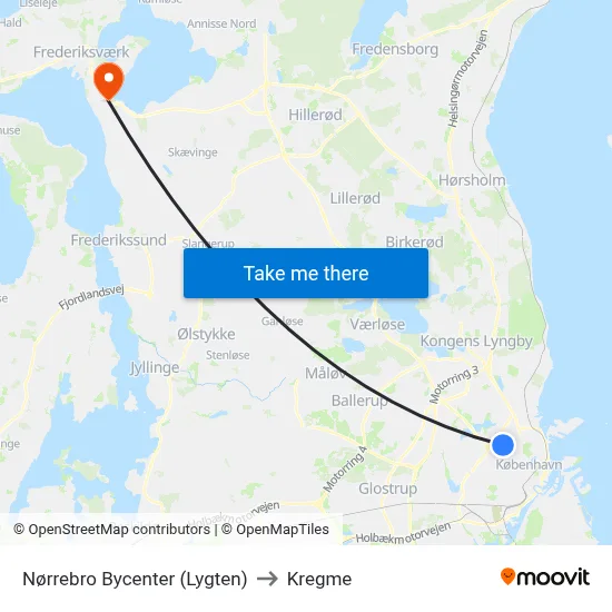 Nørrebro Bycenter (Lygten) to Kregme map