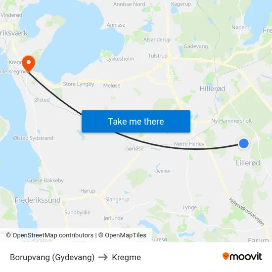 Borupvang (Gydevang) to Kregme map