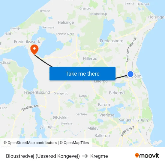Bloustrødvej (Usserød Kongevej) to Kregme map