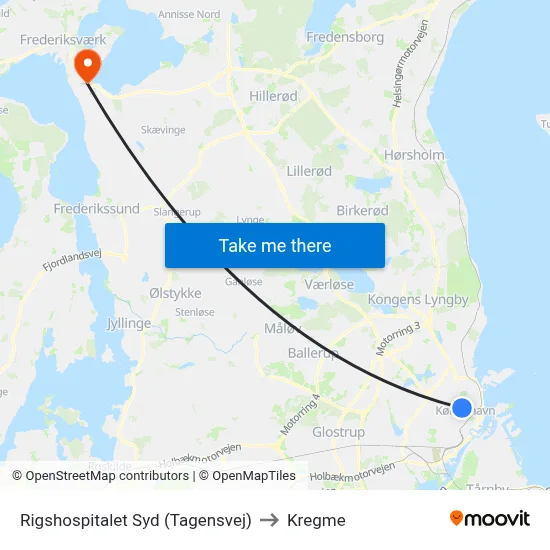 Rigshospitalet Syd (Tagensvej) to Kregme map