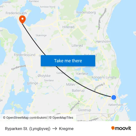 Ryparken St. (Lyngbyvej) to Kregme map