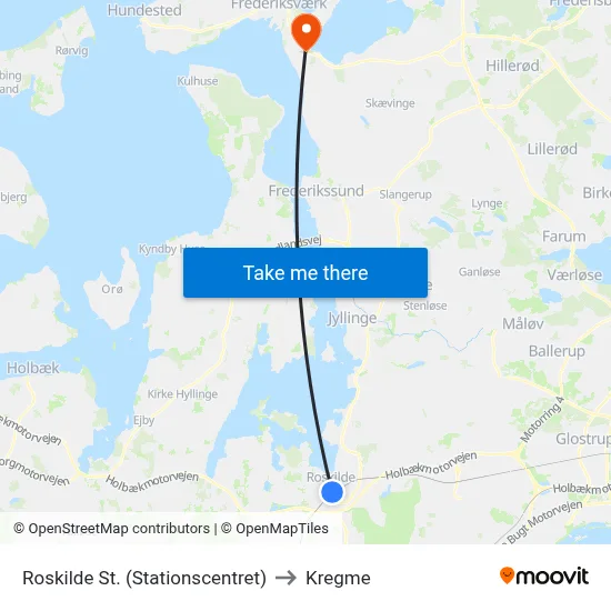 Roskilde St. (Stationscentret) to Kregme map
