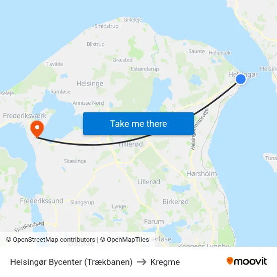 Helsingør Bycenter (Trækbanen) to Kregme map