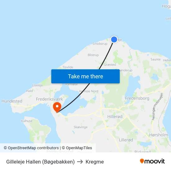 Gilleleje Hallen (Bøgebakken) to Kregme map