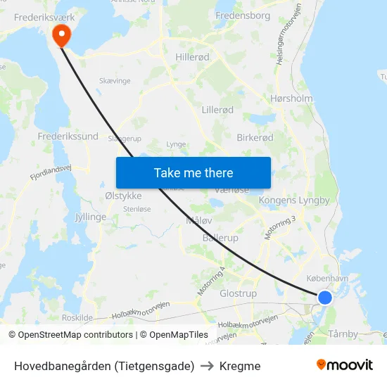 Hovedbanegården (Tietgensgade) to Kregme map