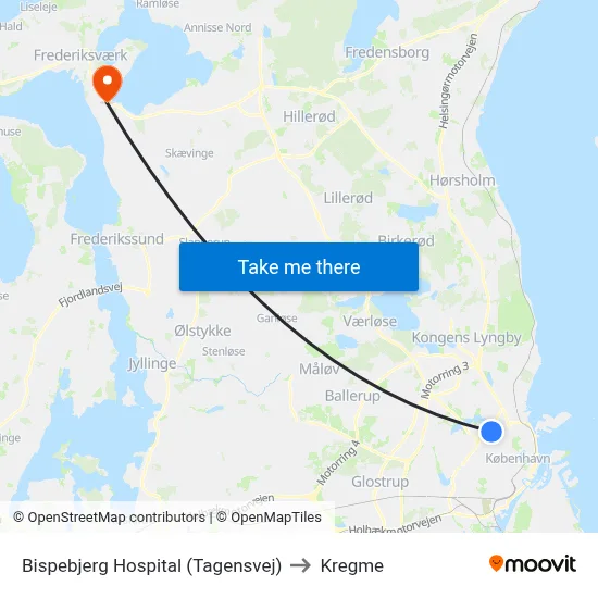 Bispebjerg Hospital (Tagensvej) to Kregme map