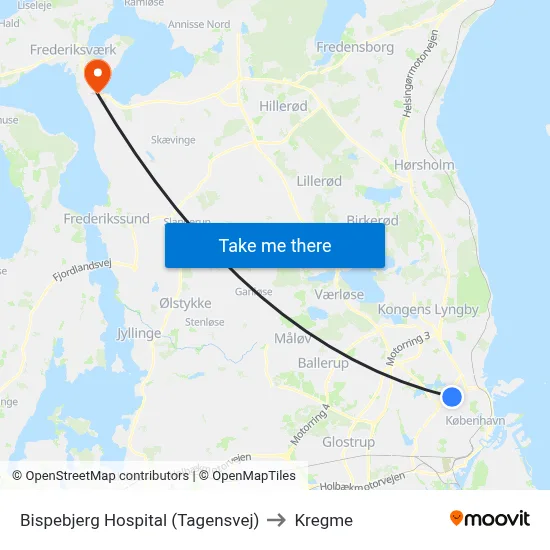 Bispebjerg Hospital (Tagensvej) to Kregme map