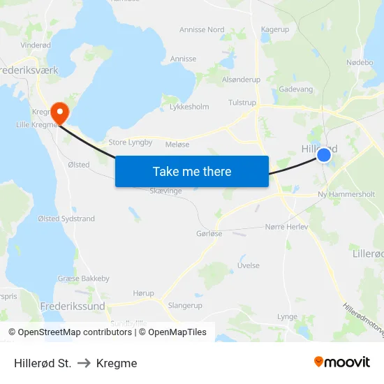 Hillerød St. to Kregme map