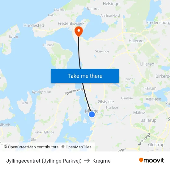 Jyllingecentret (Jyllinge Parkvej) to Kregme map
