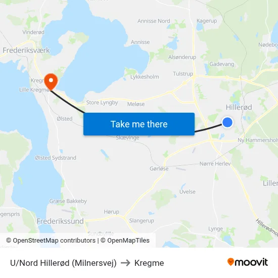 U/Nord Hillerød (Milnersvej) to Kregme map