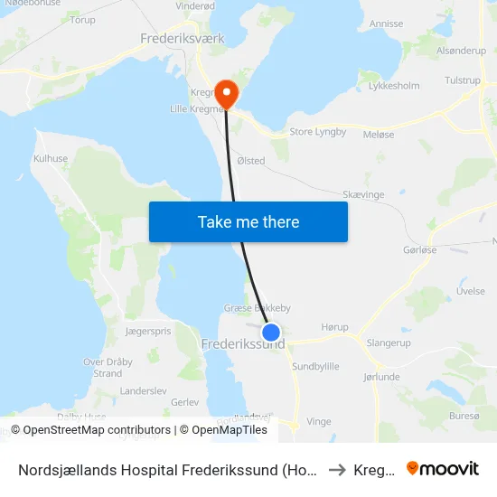 Nordsjællands Hospital Frederikssund (Hospitalvej) to Kregme map